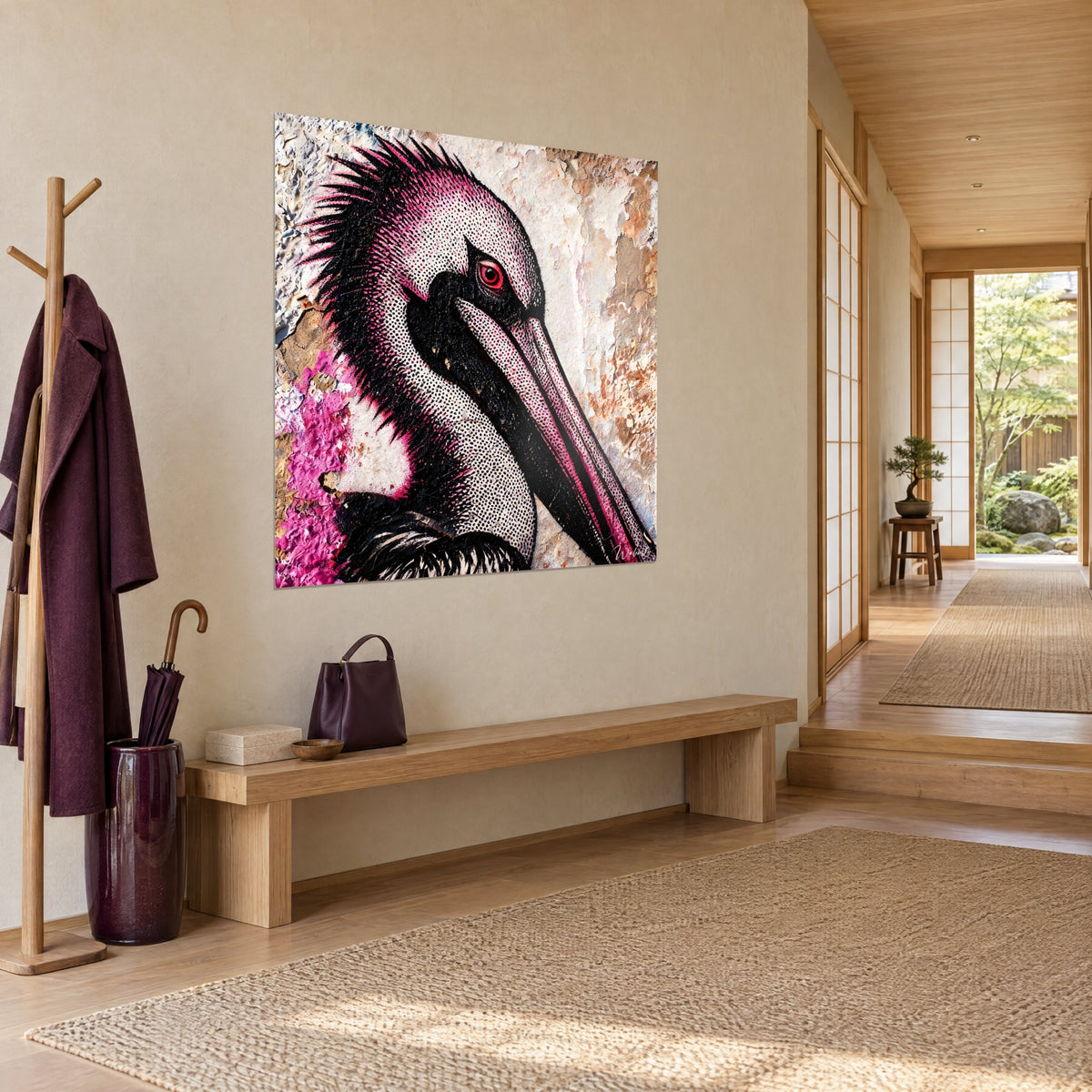 Tableau oiseau au long bec rosé et à l'œil rouge, crête noire ébouriffée sur mur écaillé blanc et ocre, vu de trois-quarts