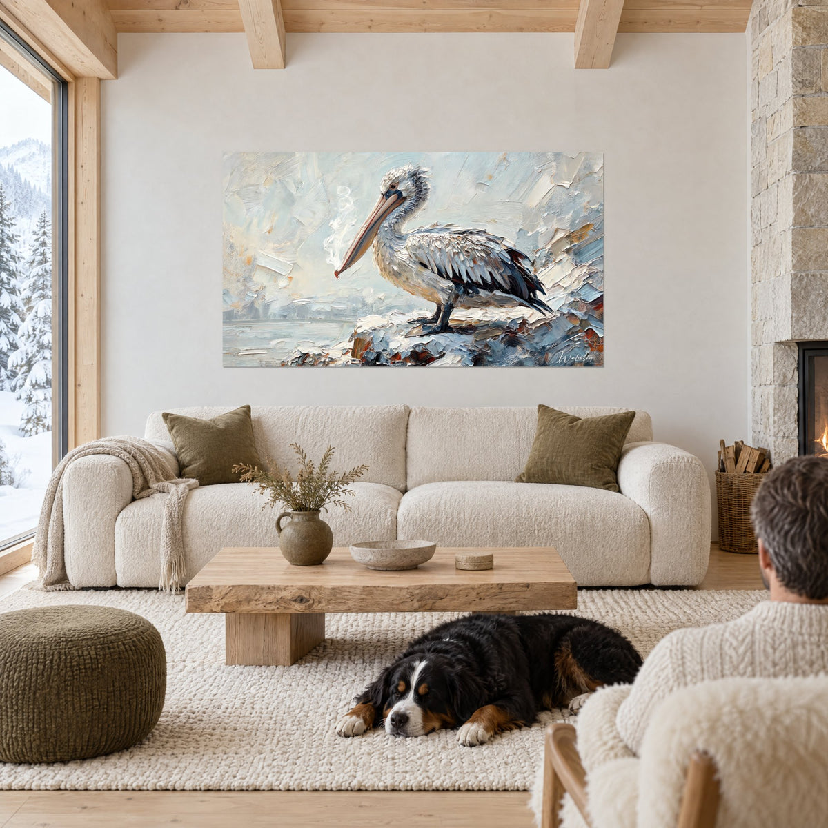 Tableau pélican blanc au long bec rosé, plumage gris-bleu en empâtements, ses habitants le regardent, au-dessus d'un canapé dans un salon lumineux