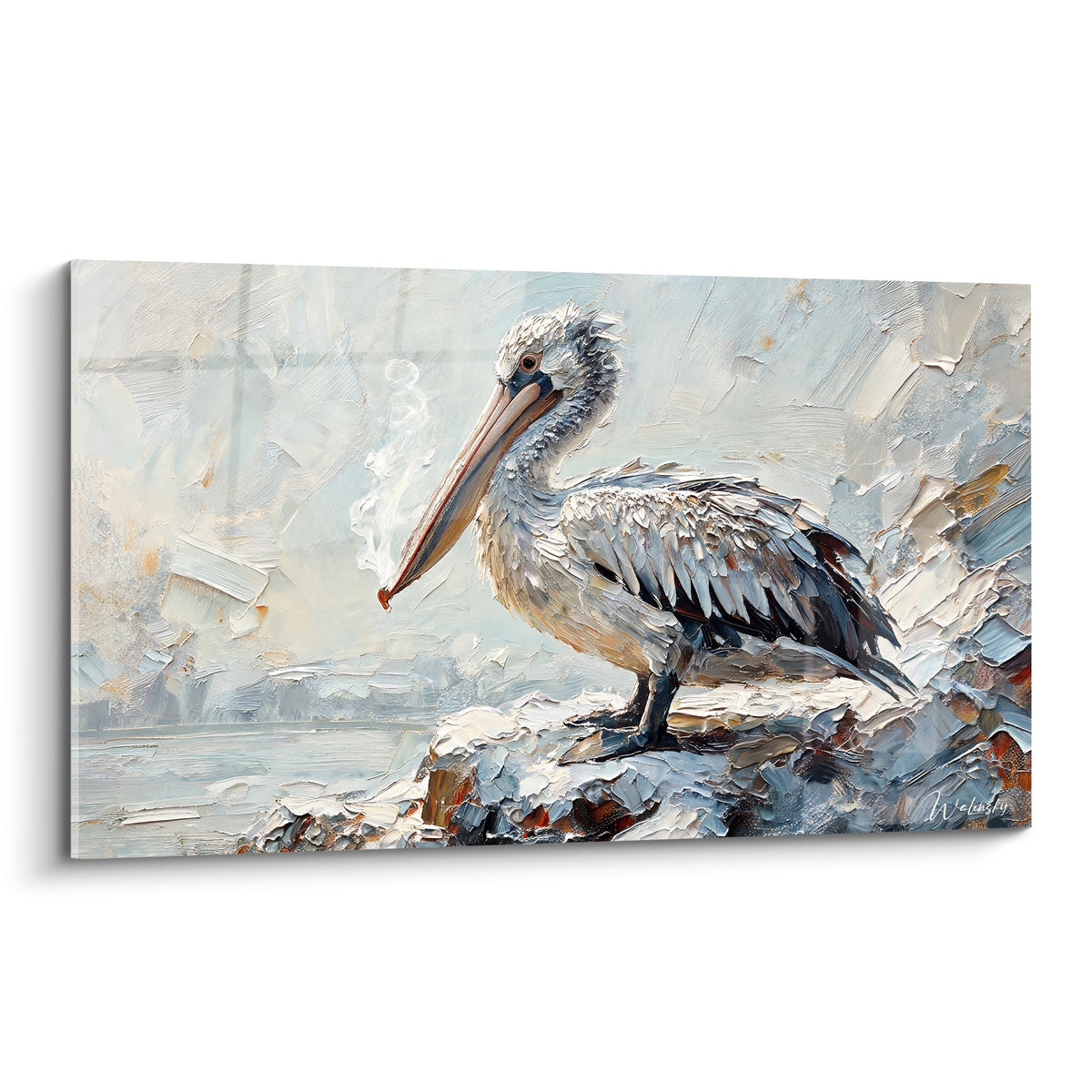 Tableau Pélican blanc et bleu sur un rocher ocre, bec orangé pointé vers l'horizon brumeux