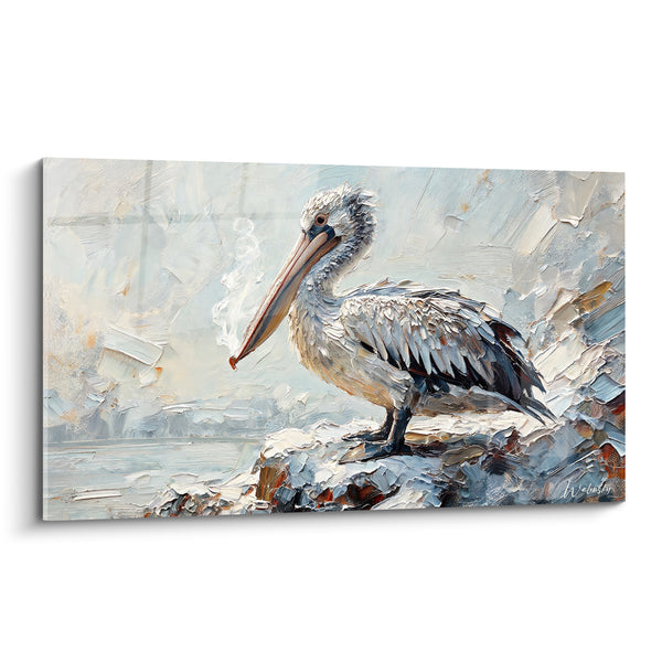 Tableau Pélican blanc et bleu sur un rocher - Veille côtière - Edition Pélican