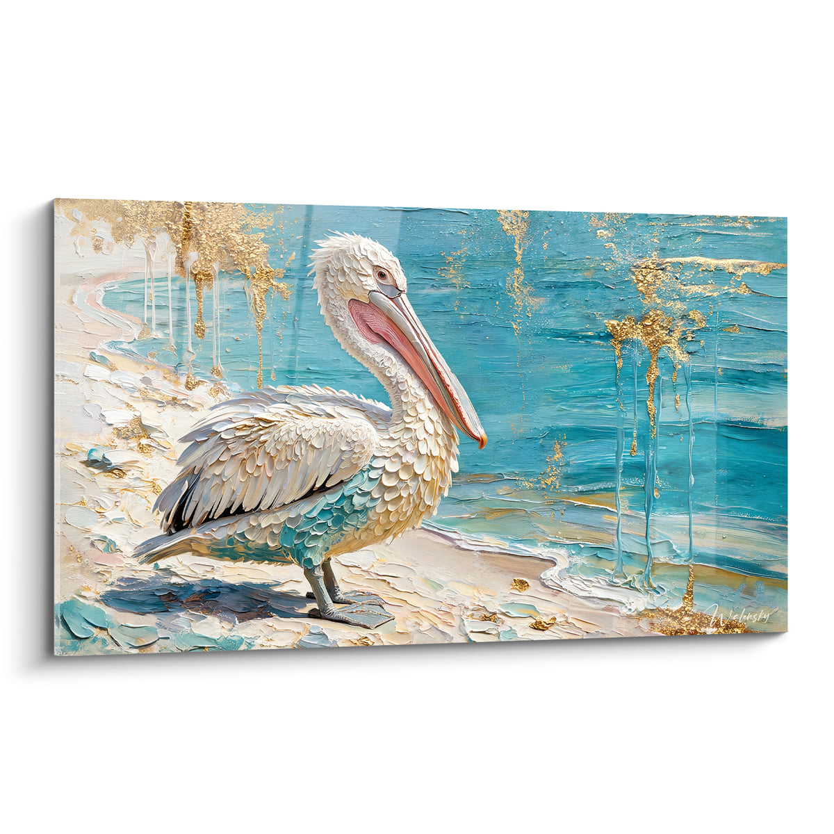 Tableau pélican blanc au bec rosé sur plage turquoise et dorée en pleine lumière