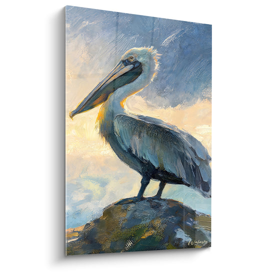 Tableau Pélican gris et bleu sur rocher moussu - Ciel nuageux laiteux - Edition Pélican