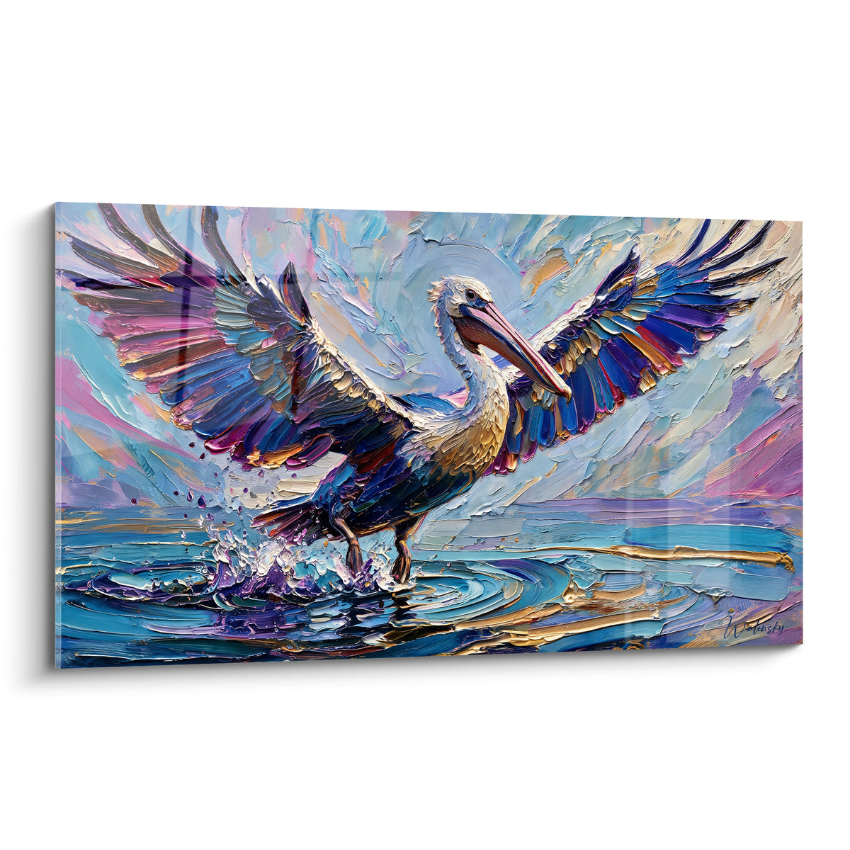 Tableau pélican bleu et violet, ailes déployées au-dessus d'une eau turquoise éclaboussée