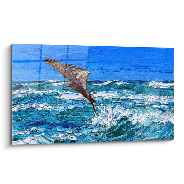 Tableau Pélican brun plongeant vers les vagues turquoise - Piqué vers l'écume - Edition Pélican