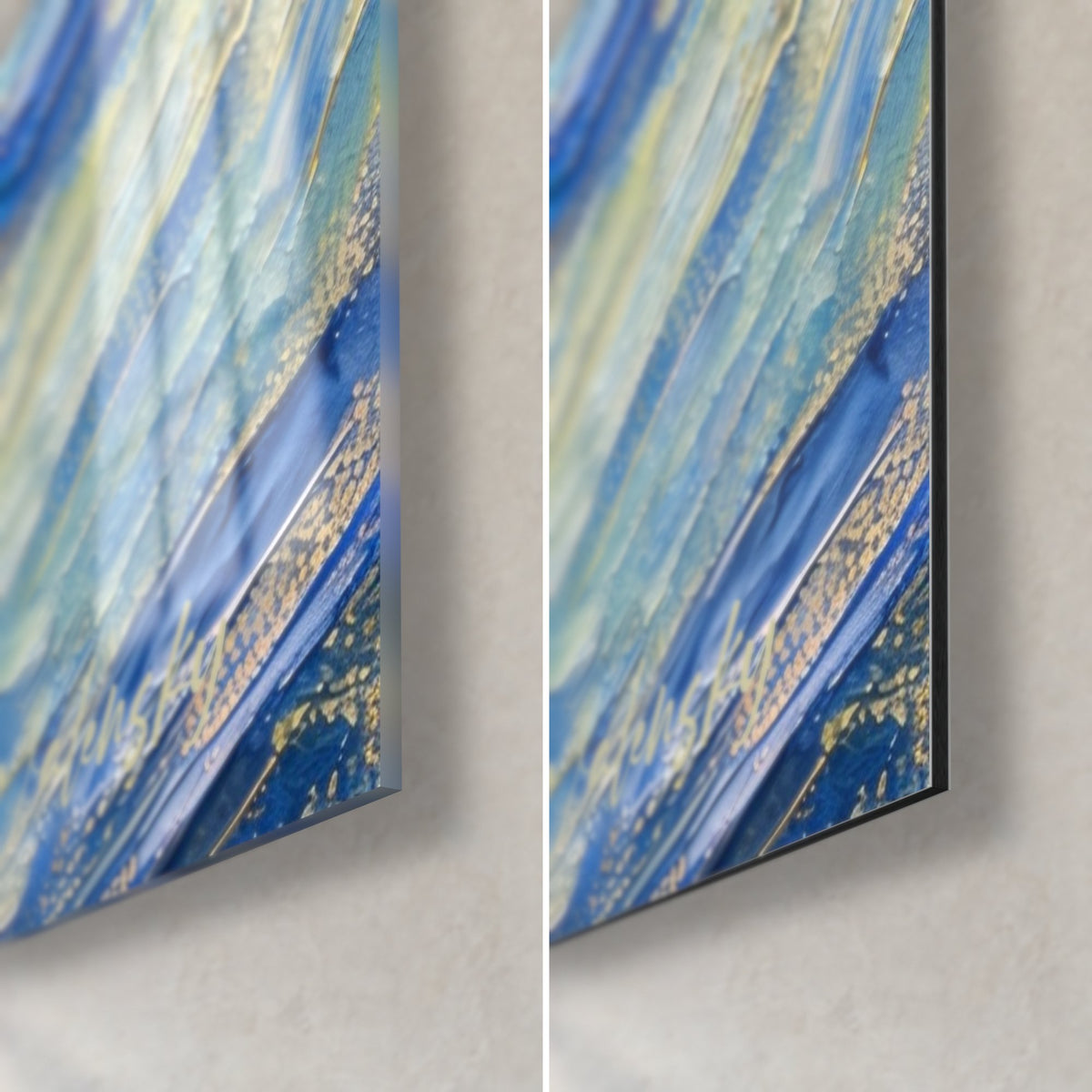 Tableau pélican en pâte épaisse bleu outremer et or, coin bas droit : verre brillant à gauche, Dibond mat et tranche à droite