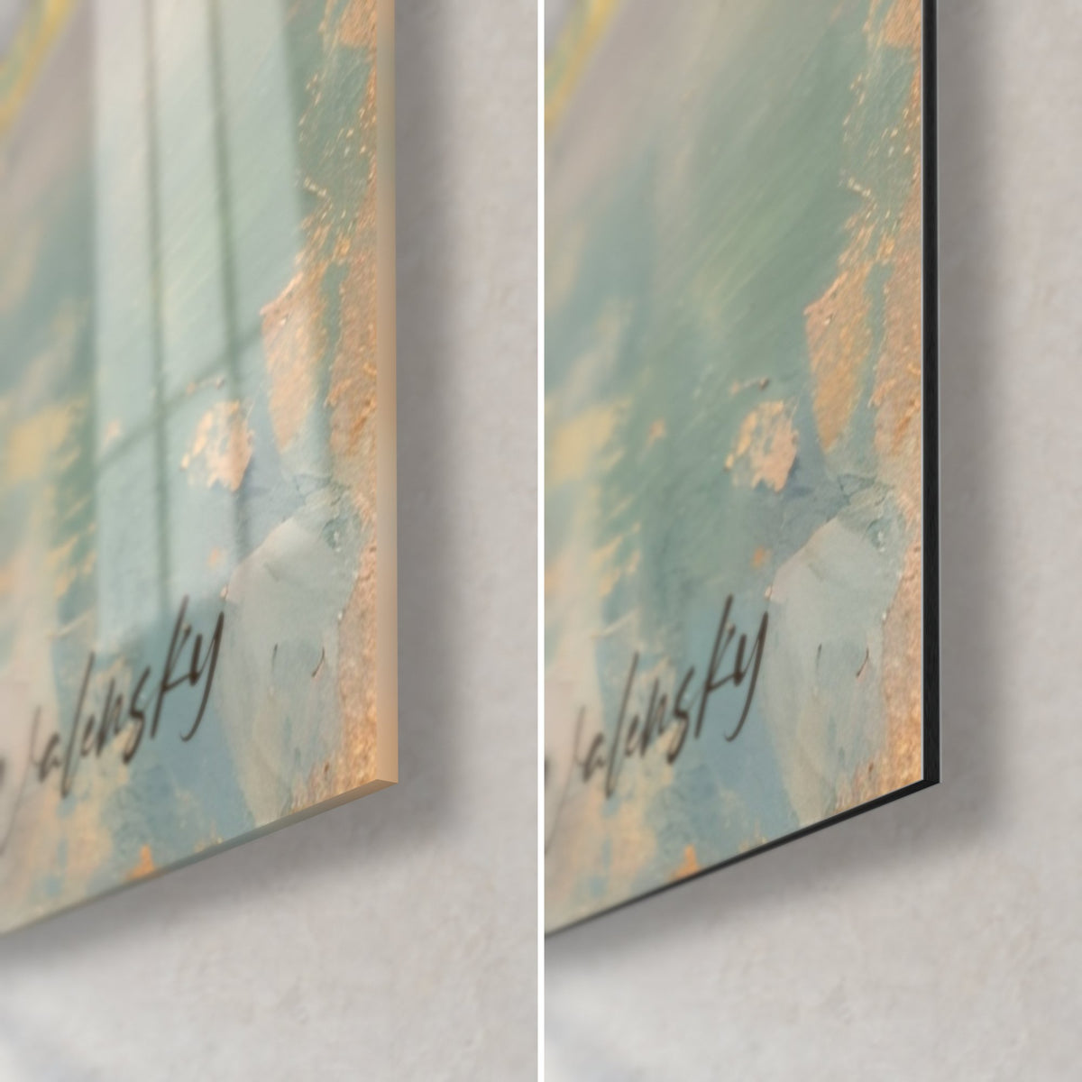 Schilderij van een pelikaan in dikke verf in beige en roze, rechter onderhoek: glanzend acrylglas aan de linkerkant, mat Dibond aan de rechterkant