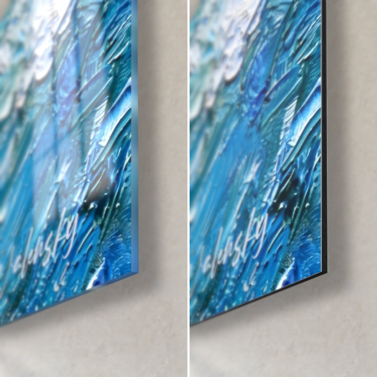 Tableau pélican à bec sombre, coin bas droit : verre acrylique brillant à gauche, Dibond noir mat à droite, tranche de 3 mm