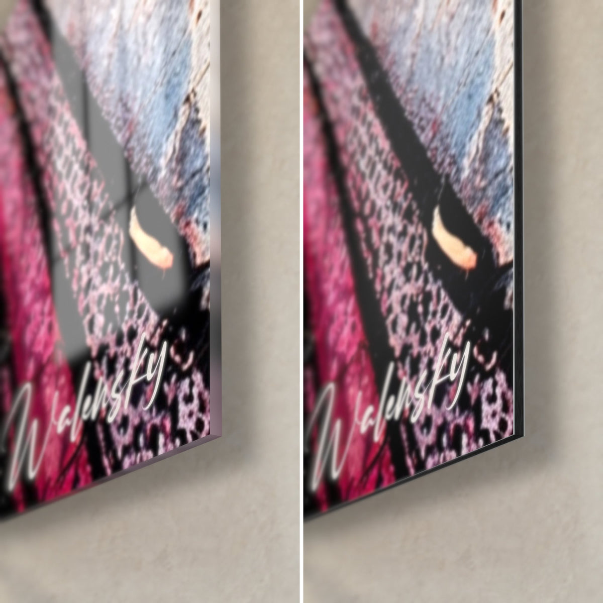 Tableau pélican rose et noir, coin bas droit : verre acrylique brillant à gauche, alu Dibond mat à droite, tranche de 3 mm