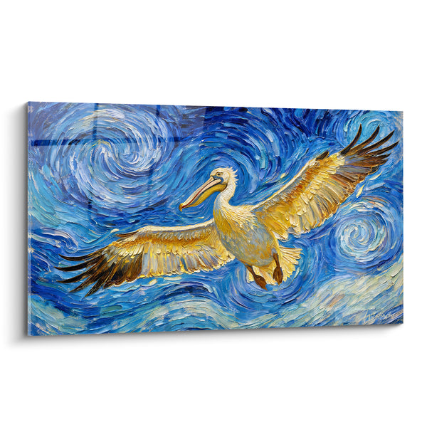 Tableau Pélican doré aux ailes déployées - Envol tourbillonnant - Edition Pélican