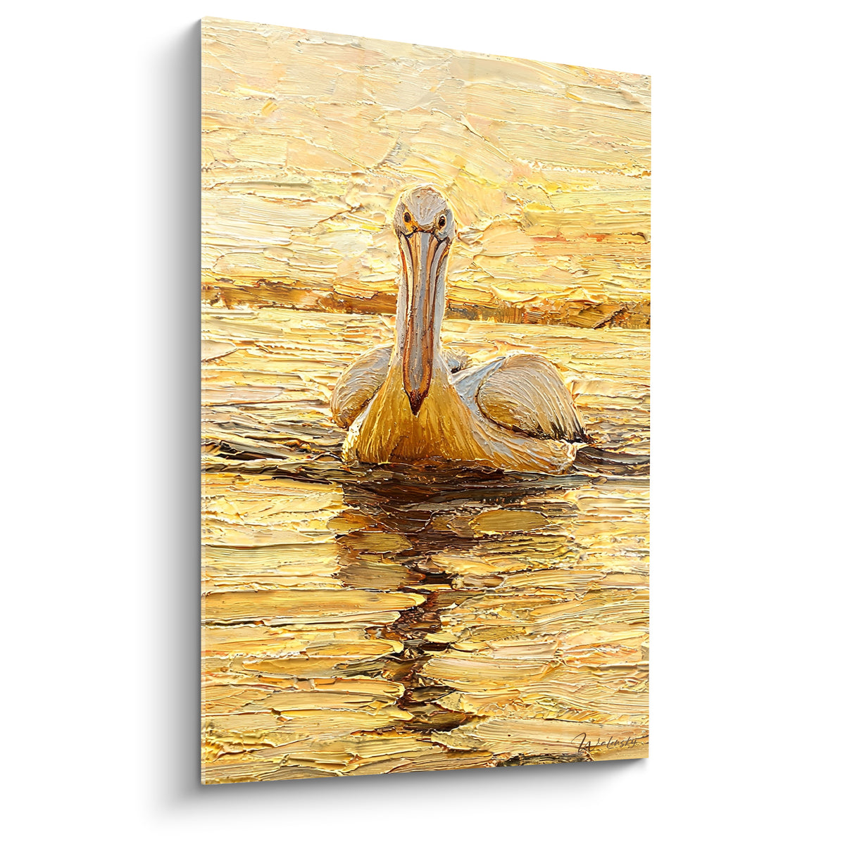 Tableau Pélican doré posé sur une eau ambrée aux reflets bruns et texturés