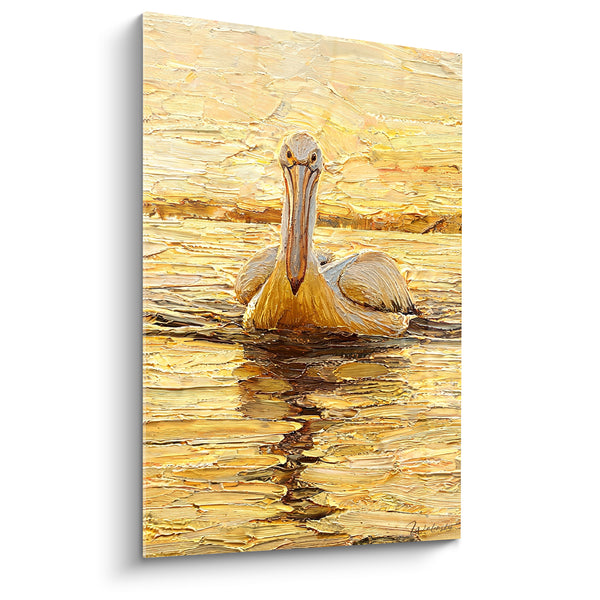 Tableau Pélican doré flottant sur une eau ambrée - Lumière du soir - Edition Pélican