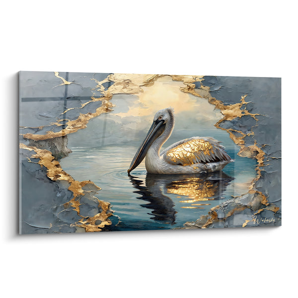 Tableau Pélican gris et doré flottant sur l'eau - Éveil doré - Edition Pélican