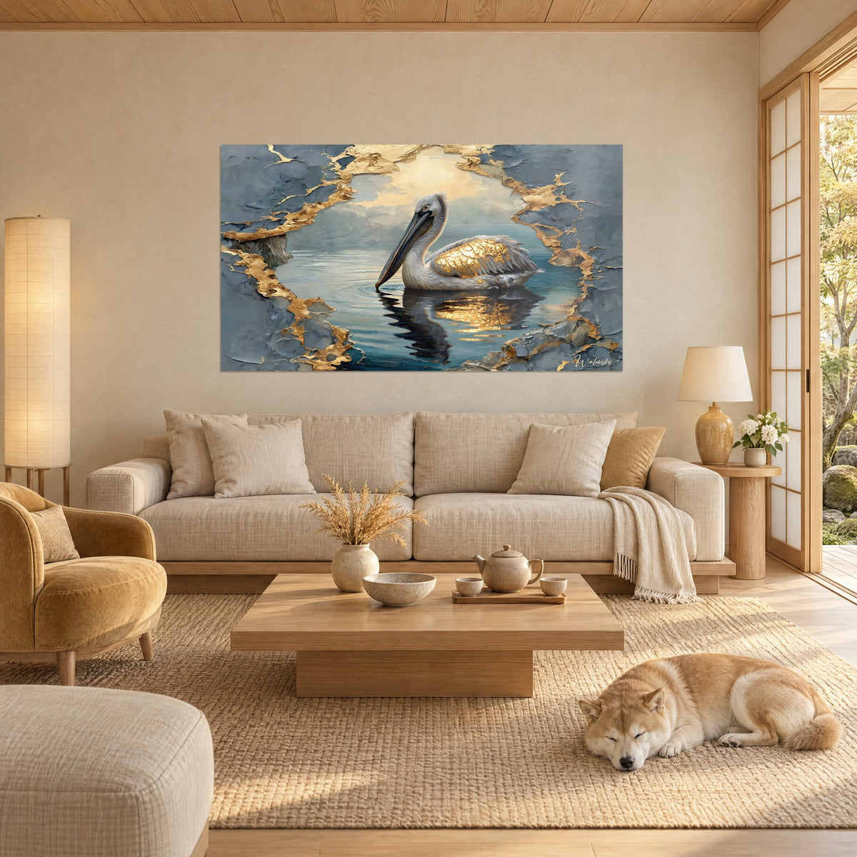 Tableau pélican gris perle flottant sur une eau bleu pétrole, ailes en feuille d'or, Shiba endormi, au-dessus d'un canapé dans un salon lumineux