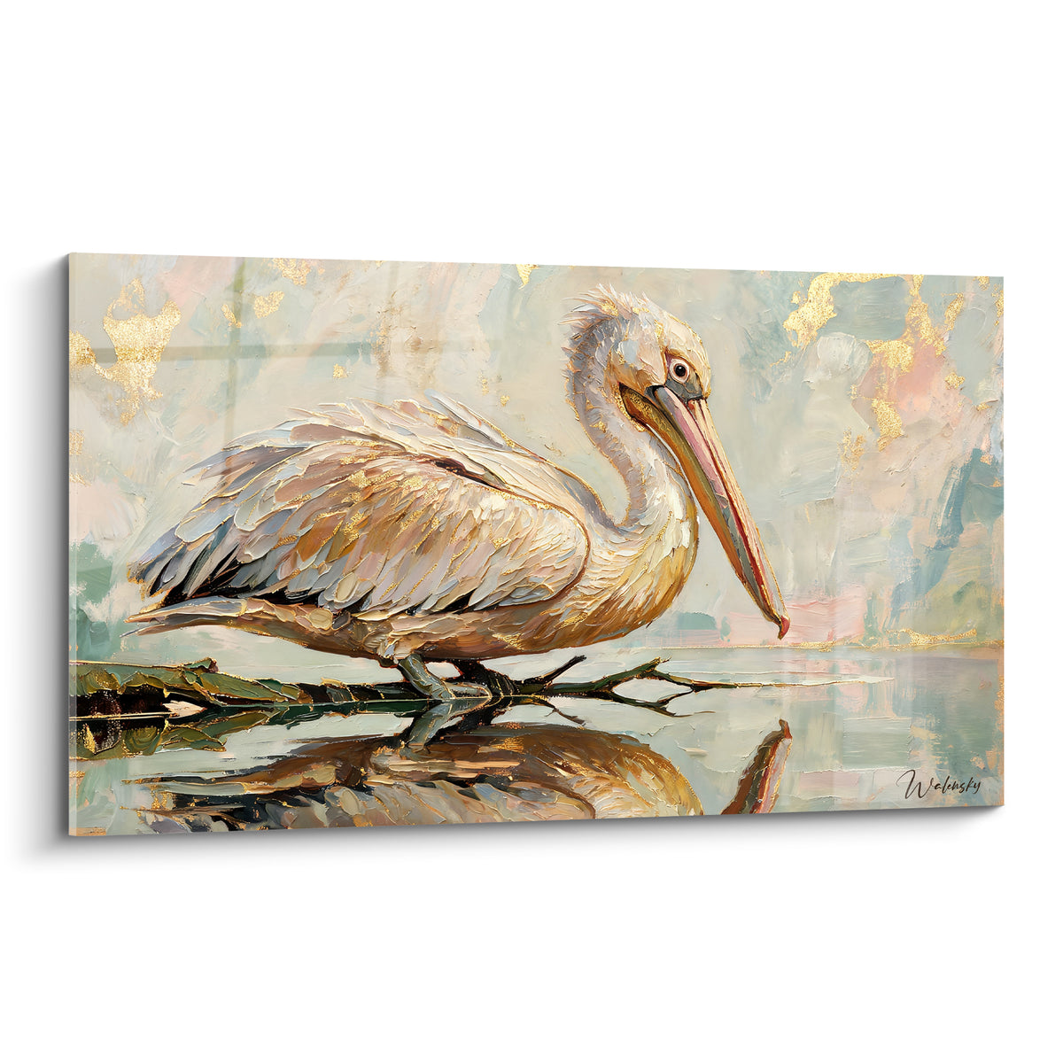 Schilderij van een gouden pelikaan met roze snavel, beige en okerkleurig verenkleed, staand tegenover zijn spiegelbeeld in het water