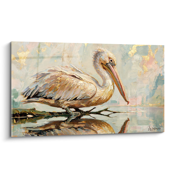 Schilderij Pelikaan in goud op spiegelend water - Meerstille - Editie Pelikaan