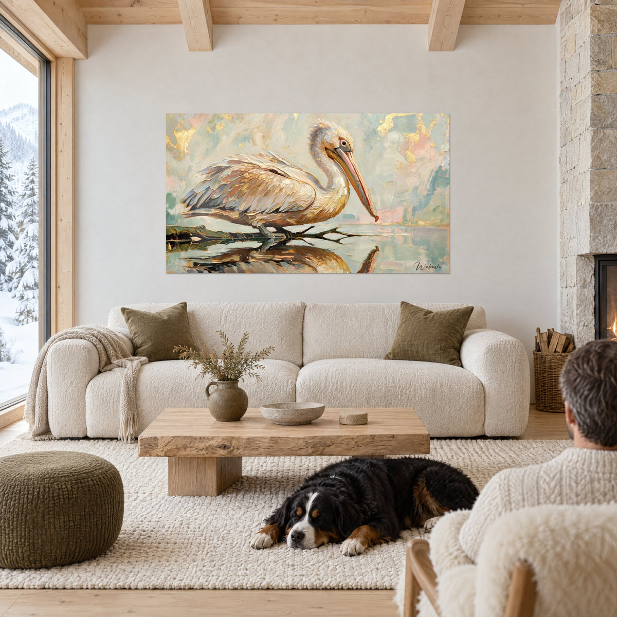 Schilderij van een crèmekleurige pelikaan met gouden veren en roze snavel rustend op glad water, in een chalet, boven een bank in een lichte woonkamer