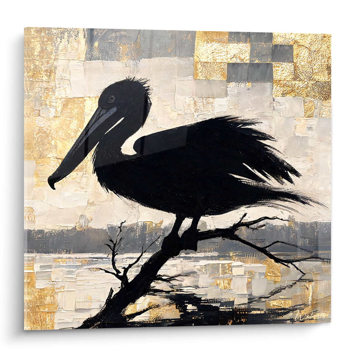Tableau Pélican noir sur branche, fond doré et gris en damier texturé