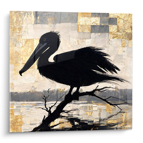 Tableau Pélican noir perché sur branche dorée - Veille dorée - Edition Pélican