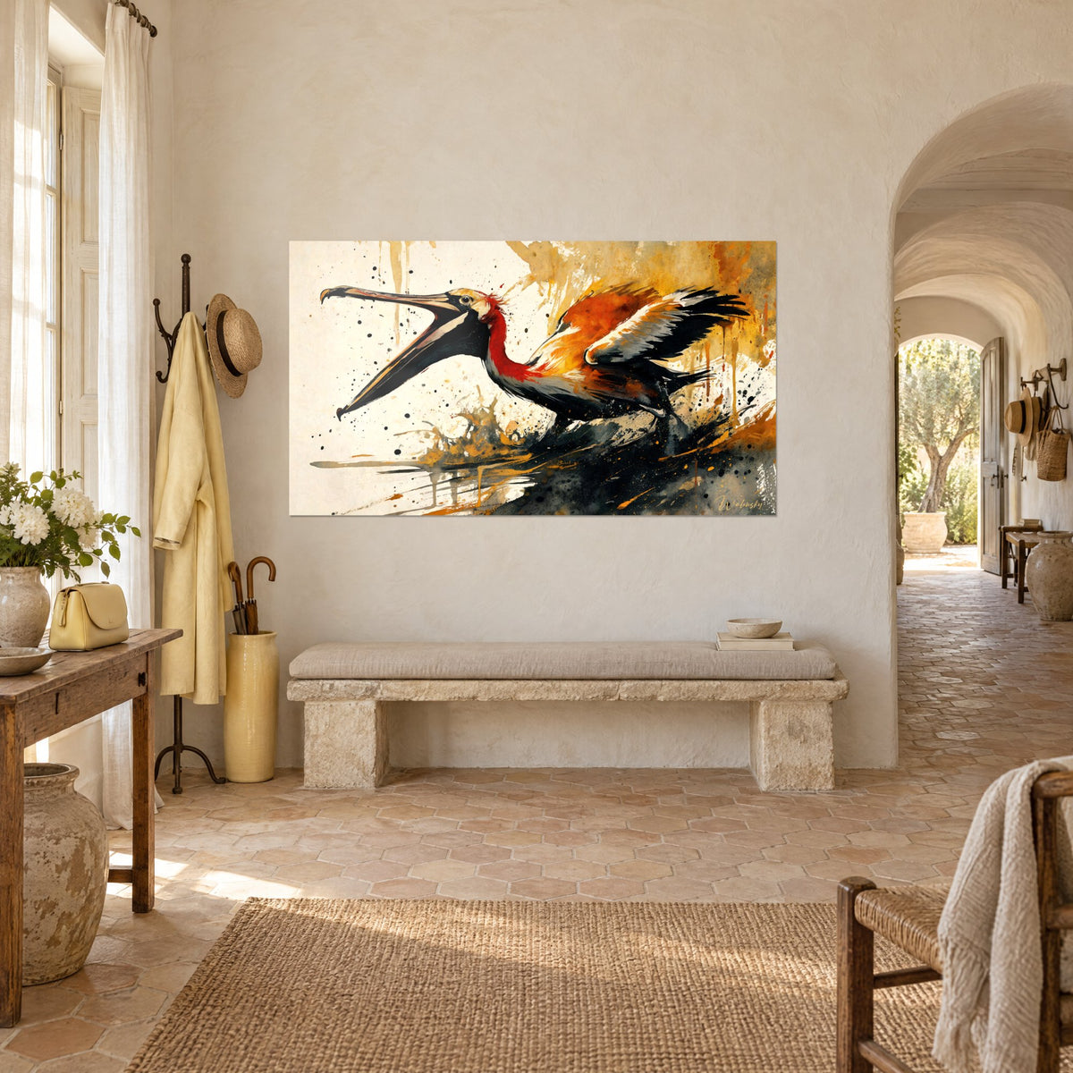 Tableau oiseau marin criant, cou rouge vif et ailes ocre déployées, projections d'encre noire, dans un mas provençal en trois-quarts