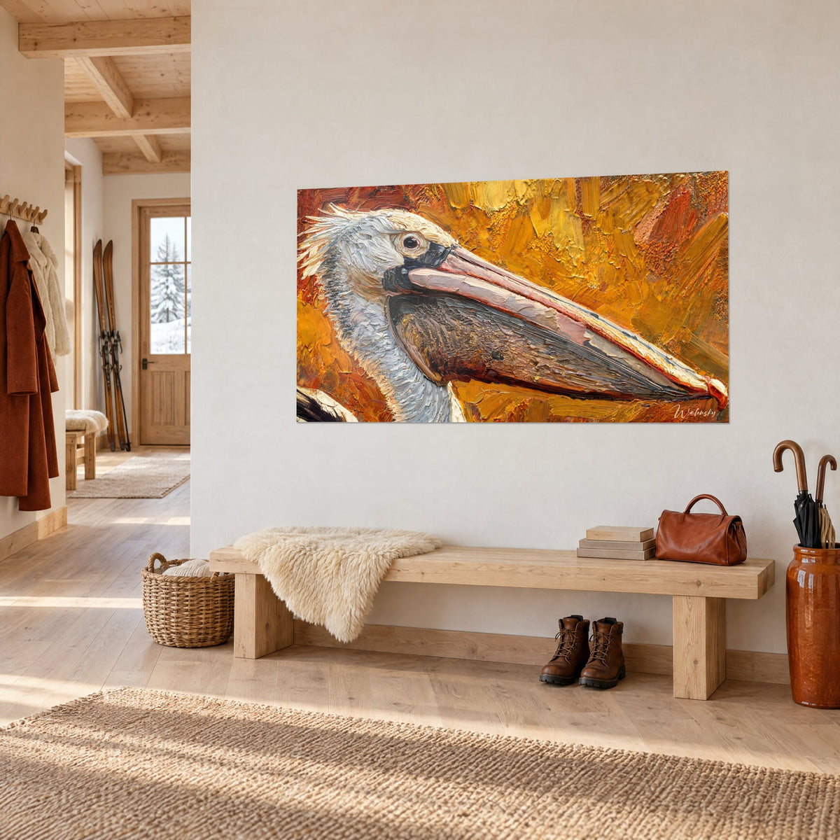 Tableau oiseau marin à la poche brune et au plumage crème, touches orange épaisses, sur un mur blanc d'entrée en chalet