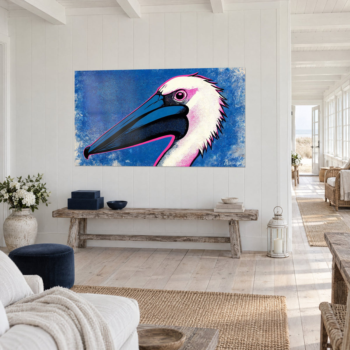 Tableau oiseau de mer au profil pop, plumage crème liseré rose vif et bec marine, dans une maison de bord de mer