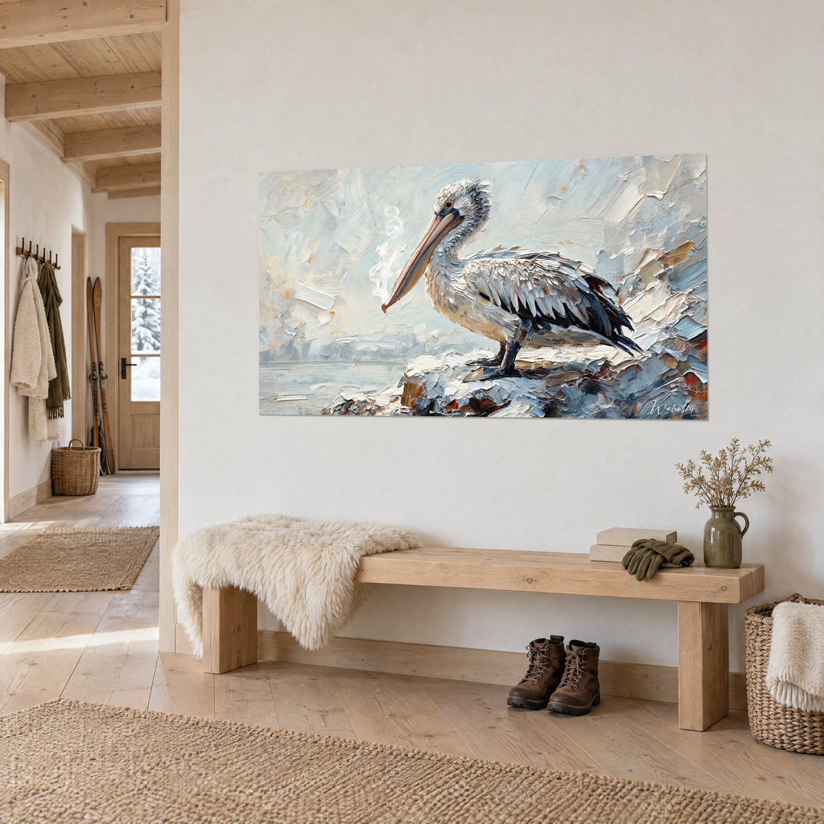 Tableau oiseau marin perché sur un rocher, bec ivoire et plumes argentées, ciel bleu pâle, dans l'entrée d'un chalet