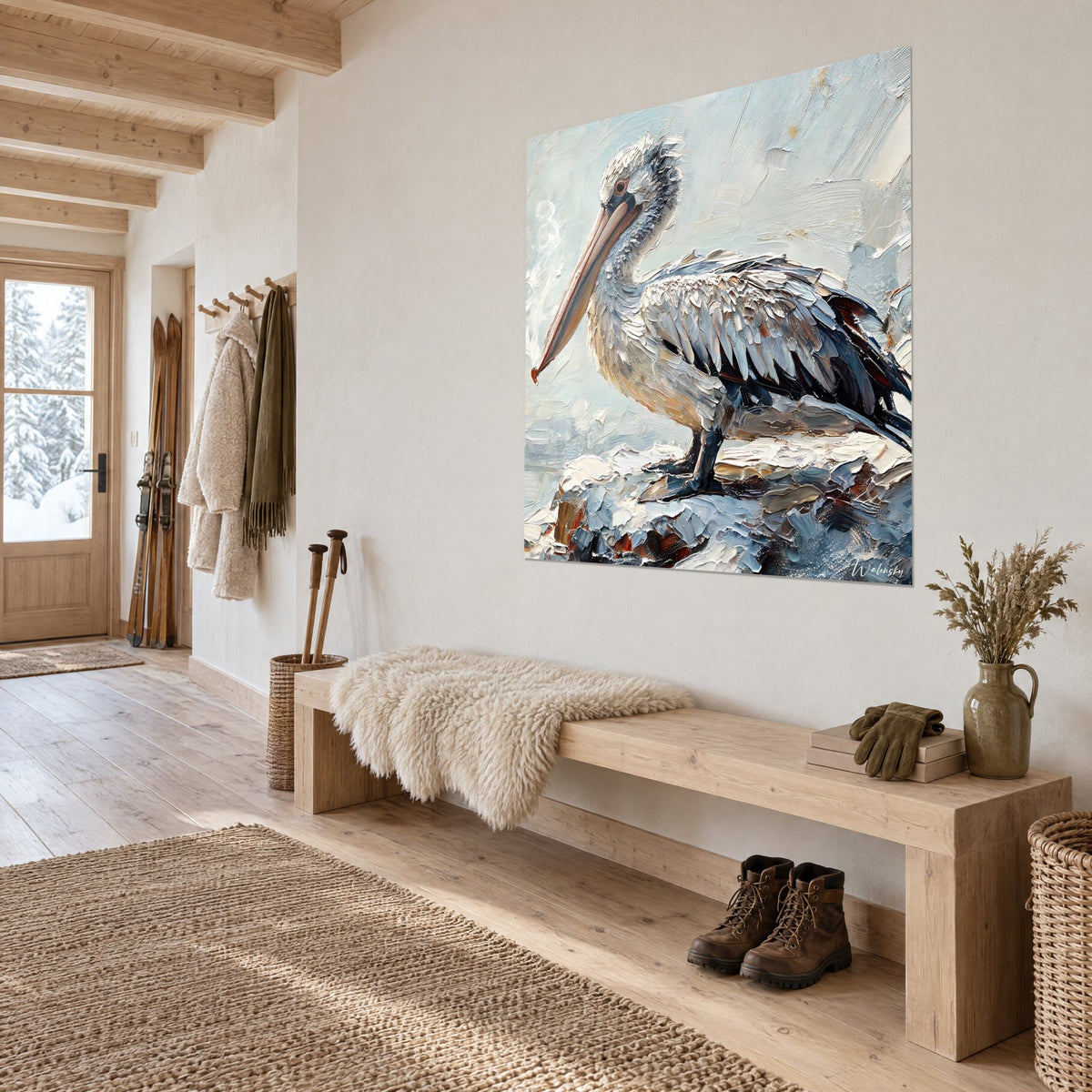 Tableau oiseau marin perché sur un rocher enneigé, bec saumon, ailes bleu nuit, vu de trois-quarts dans un chalet boisé