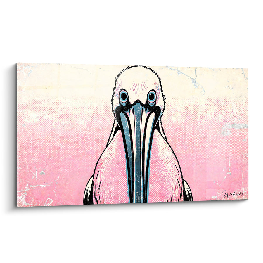 Tableau Pélican rose et bleu au bec graphique - Regard figé - Edition Pélican