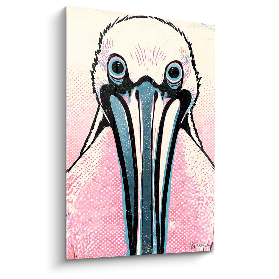 Tableau Pélican blanc aux rayures bleu pétrole - Face à face facétieux - Edition Pélican
