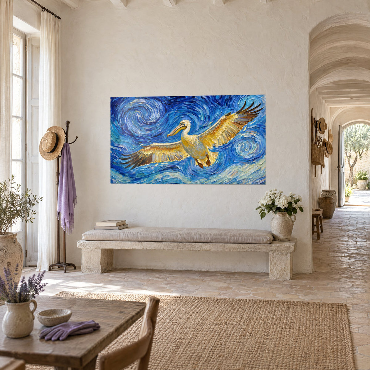 Tableau oiseau marin ivoire planant dans des spirales cobalt et argent, accroché au-dessus d'un banc de pierre claire