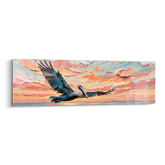Tableau Pélican survolant un ciel corail et turquoise - Vol du crépuscule - Edition Pélican
