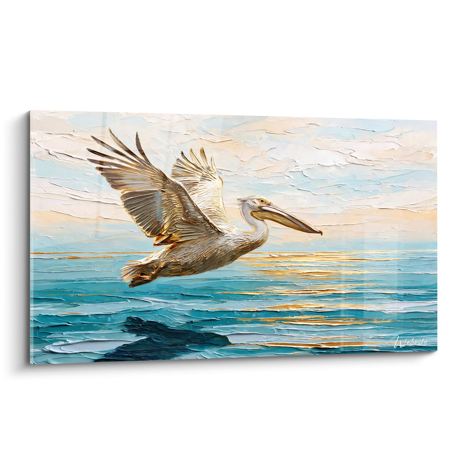 Tableau Pélican survolant une mer turquoise dorée - Vol au crépuscule - Edition Pélican