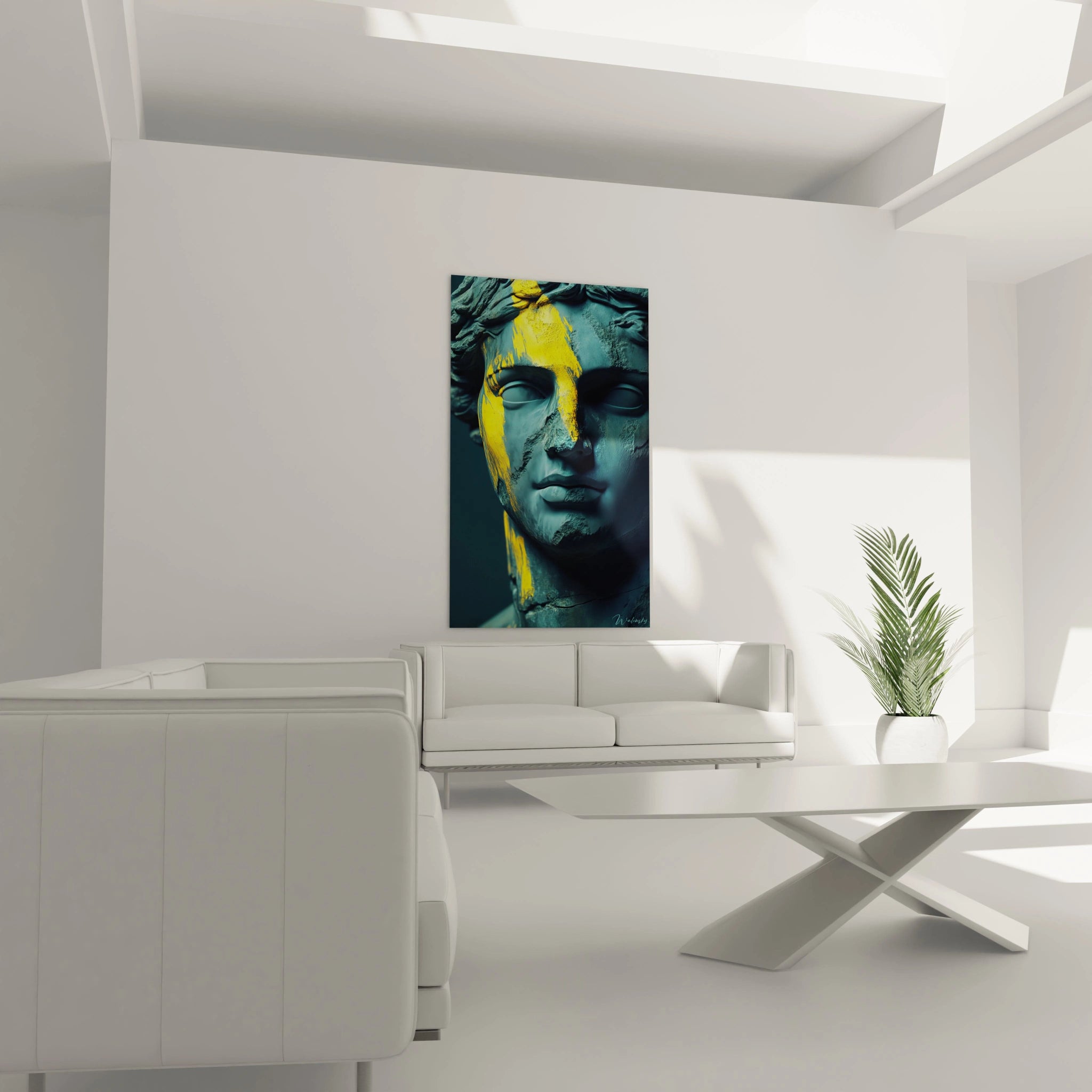 Un tableau statue classique au visage serein, traversé par une coulée de peinture jaune lumineuse. Les reliefs et ombres de la sculpture se détachent sur un fond bleu-vert profond, donnant une impression de volume et de matérialité.

