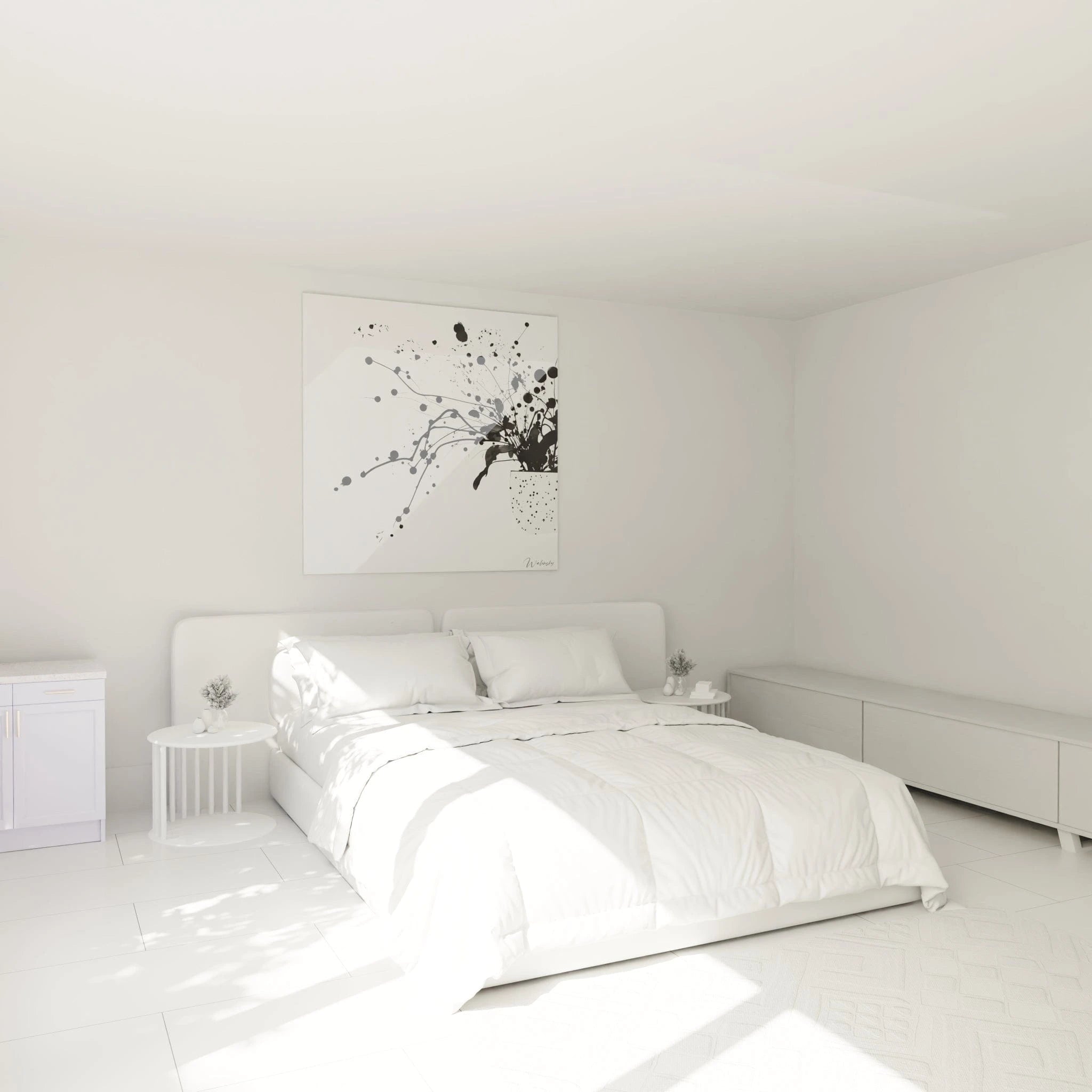 Tableau tacheté noir et blanc Walensky accroché au mur d'une chambre lumineuse et moderne