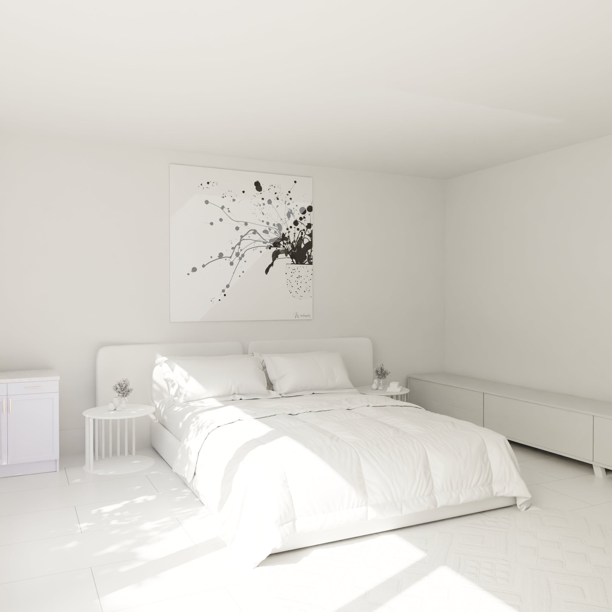 Tableau tacheté noir et blanc Walensky accroché au mur d'une chambre lumineuse et moderne