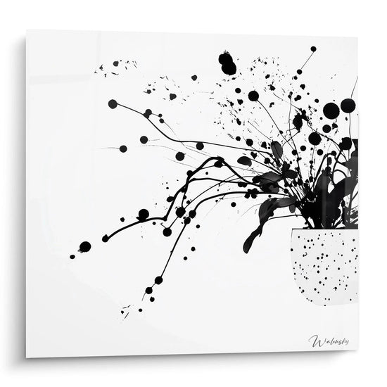 Quadro nero e bianco macchiato di Walensky che rappresenta una pianta in vaso con schizzi artistici