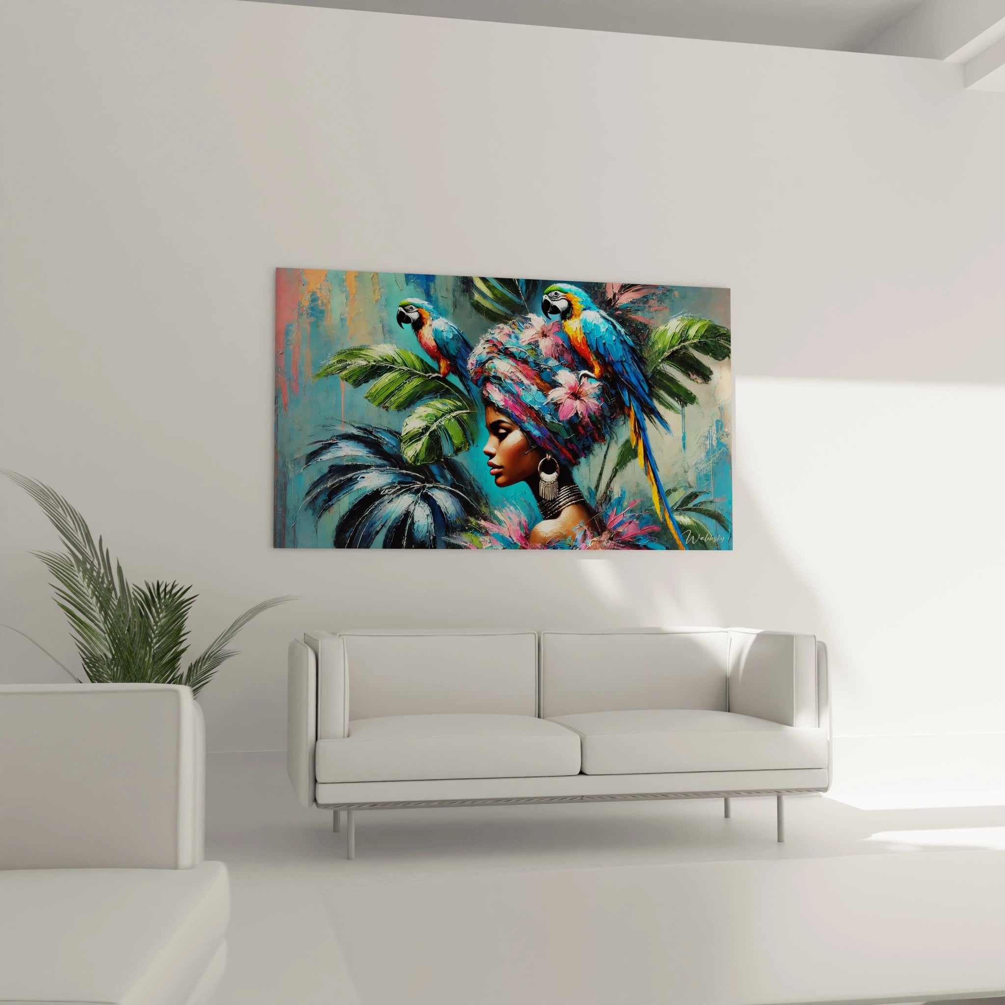 Un tableau perroquet haut en couleurs est accroché au mur au-dessus d un canapé. Cet art exotique enrichit le salon avec sa palette vive et son esthétique elegante.