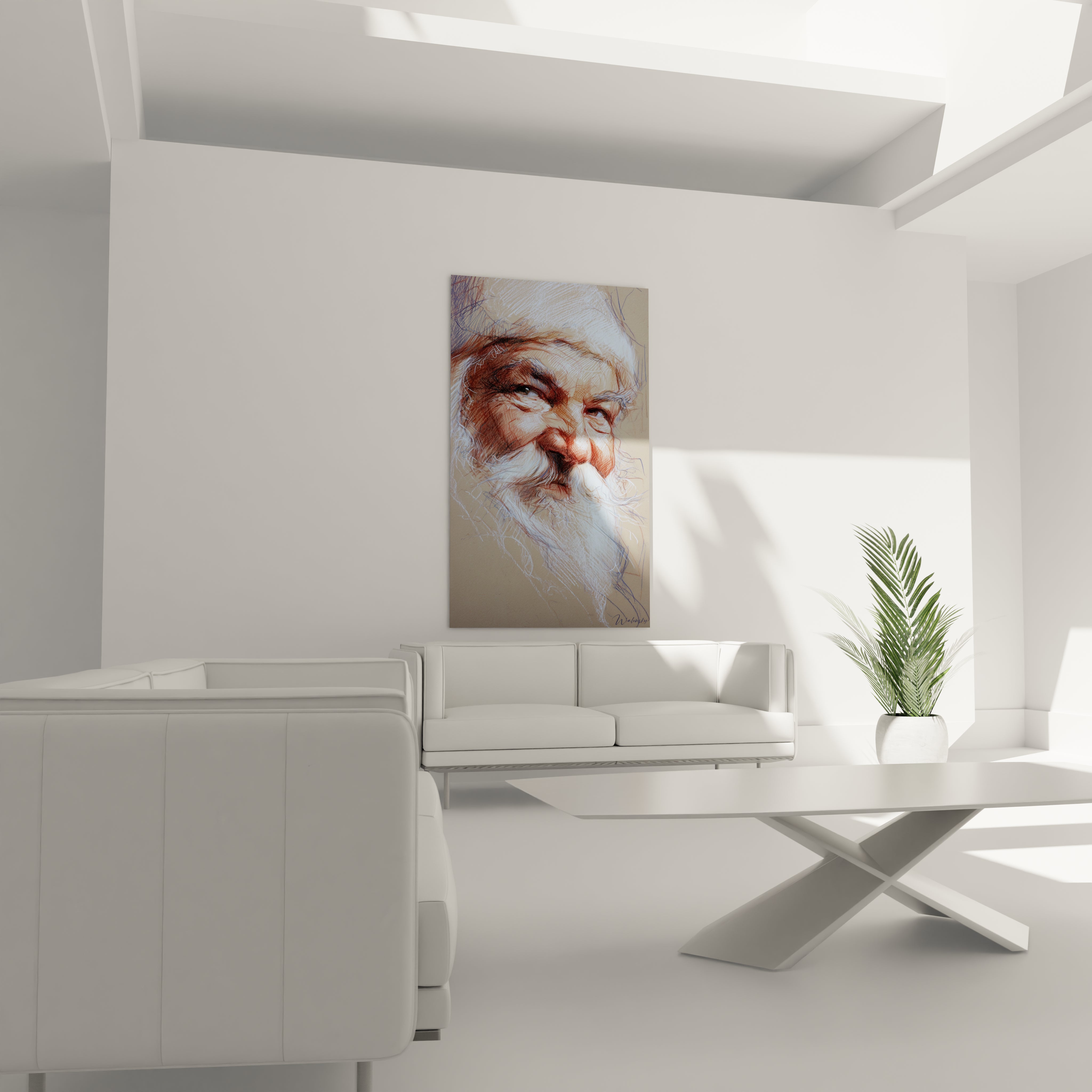 Tableau père Noël bienveillant sur un mur blanc dans un salon moderne avec un mobilier élégant