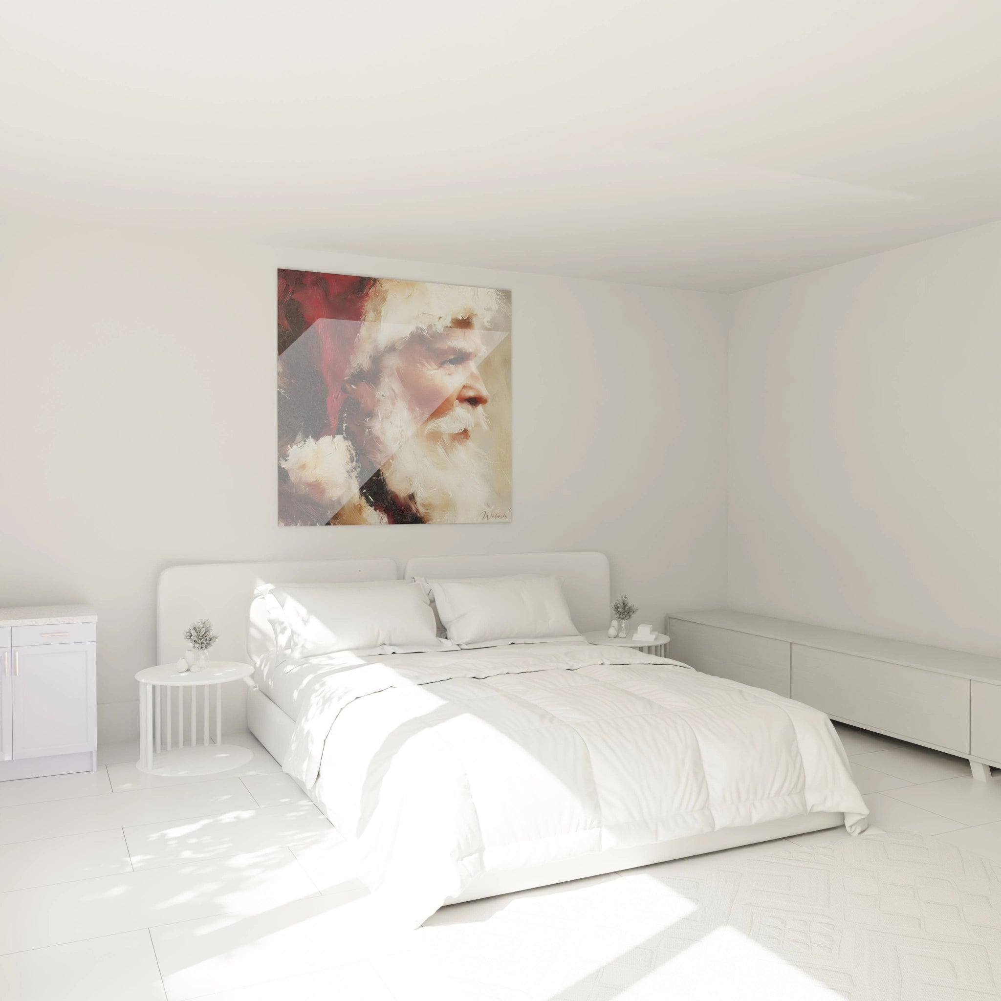 Tableau Père Noël édition Noël accroché au mur dans une chambre lumineuse et moderne