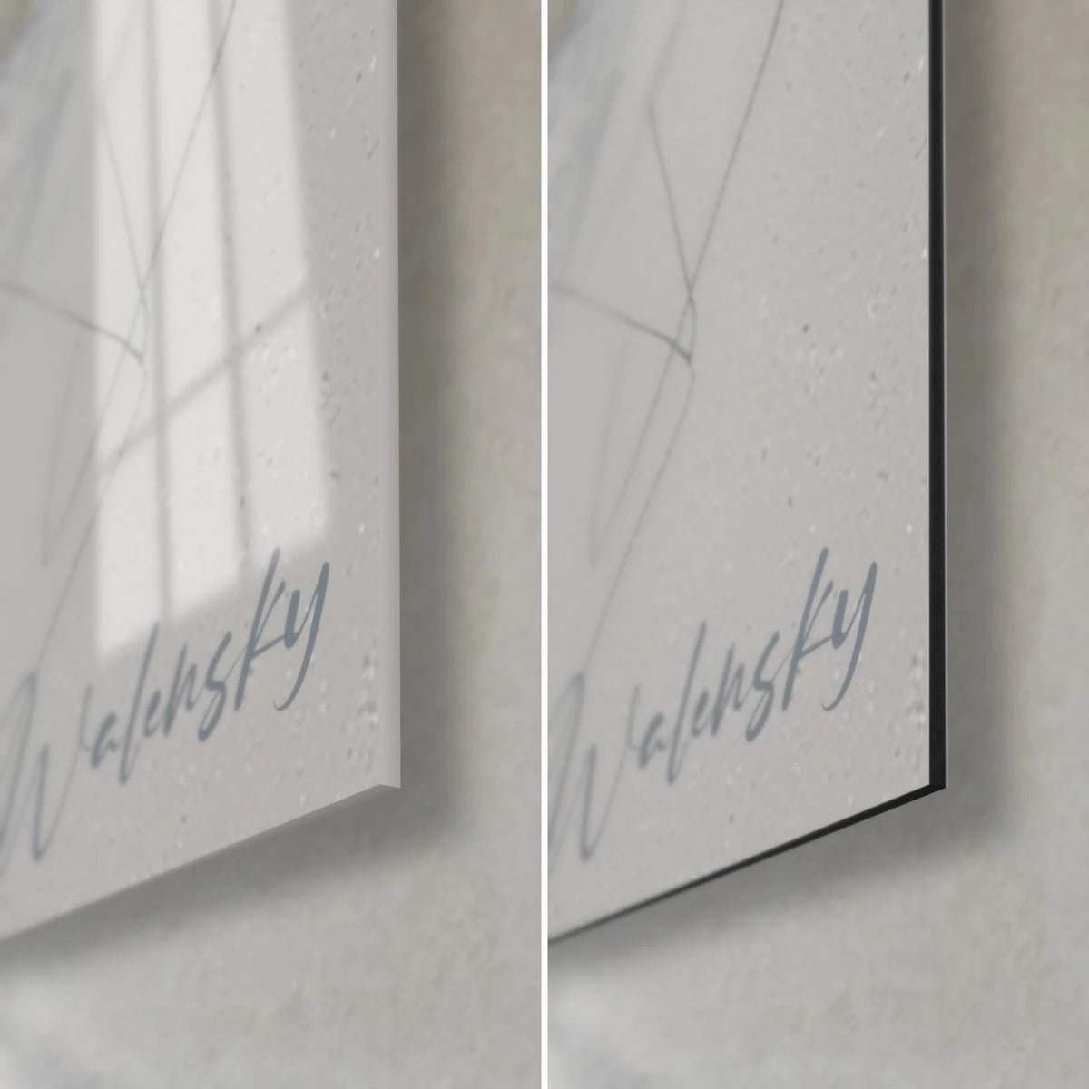 Cuadro de Papá Noel dibujado a carboncillo, esquina inferior derecha: cristal acrílico brillante con reflejos, Dibond de aluminio mate blanco roto, canto de 3 mm