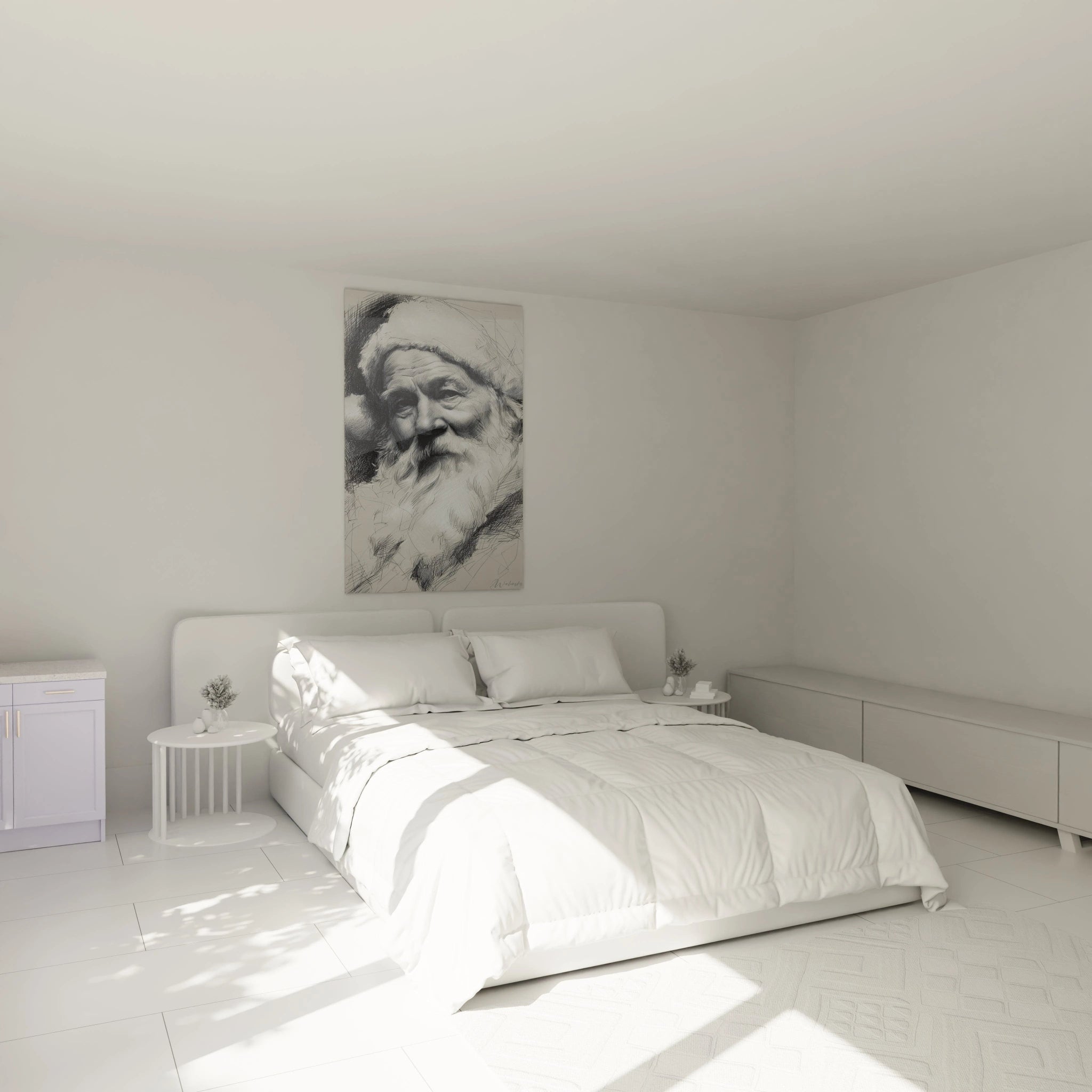 Tableau Père Noël haut de gamme décoratif accroché au mur d'une chambre minimaliste