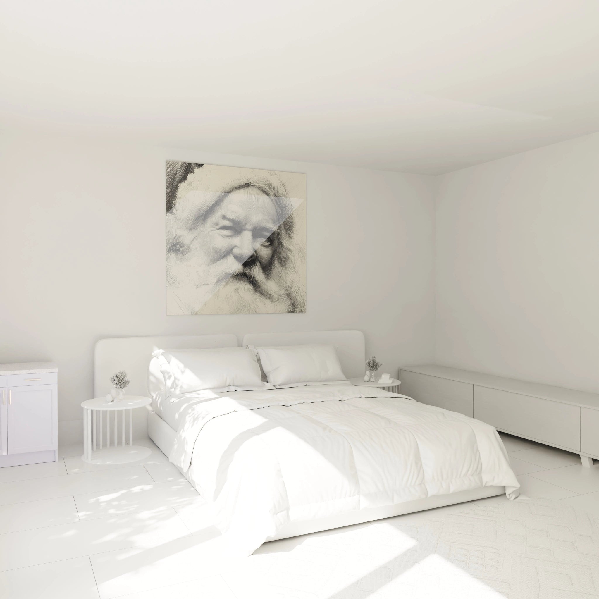 Tableau Père Noël en noir et blanc accroché au-dessus d'un lit dans une chambre lumineuse