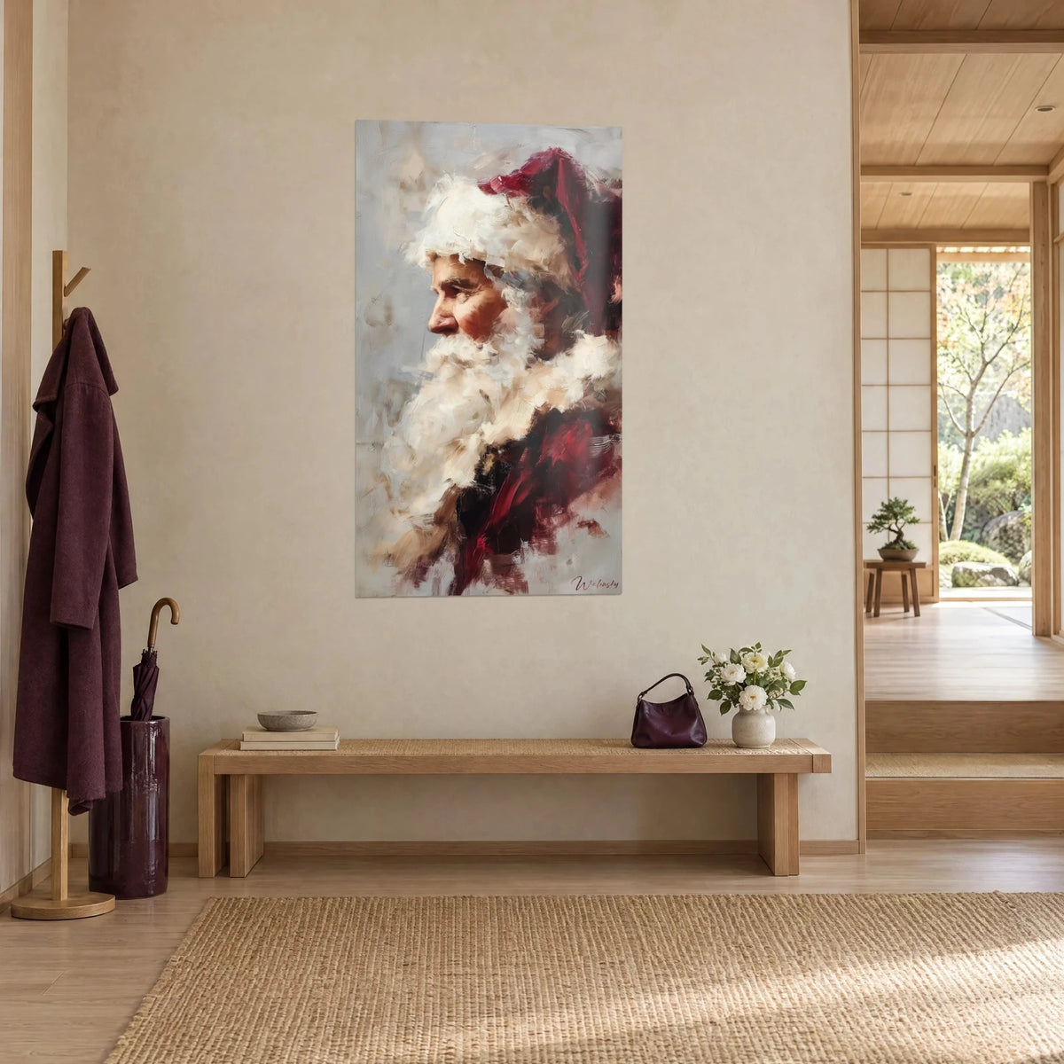 Wall art old bearded man in a purple red robe edged with ivory fur, bold brushstrokes, beside a light wood bench