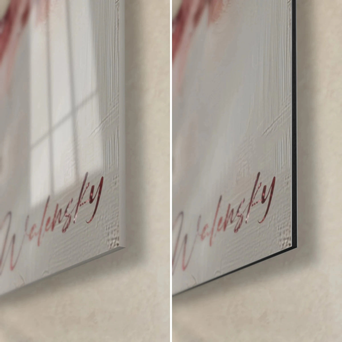 Wall art Santa Claus in oil painting, lower right corner with red signature, glossy glass on the left, matte black Dibond on the right