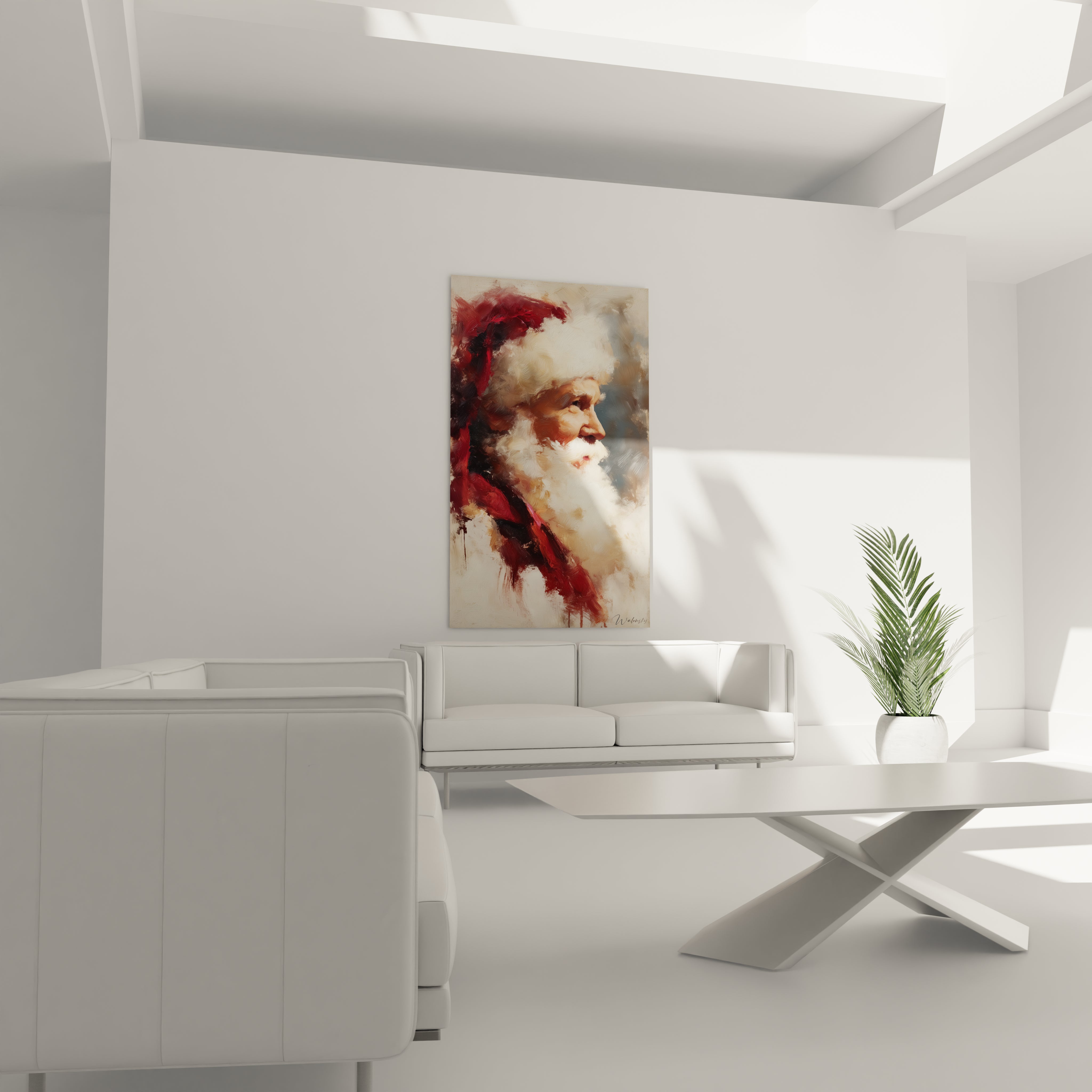 Tableau Père Noël décoration murale sur un mur blanc dans un salon moderne avec meubles élégants