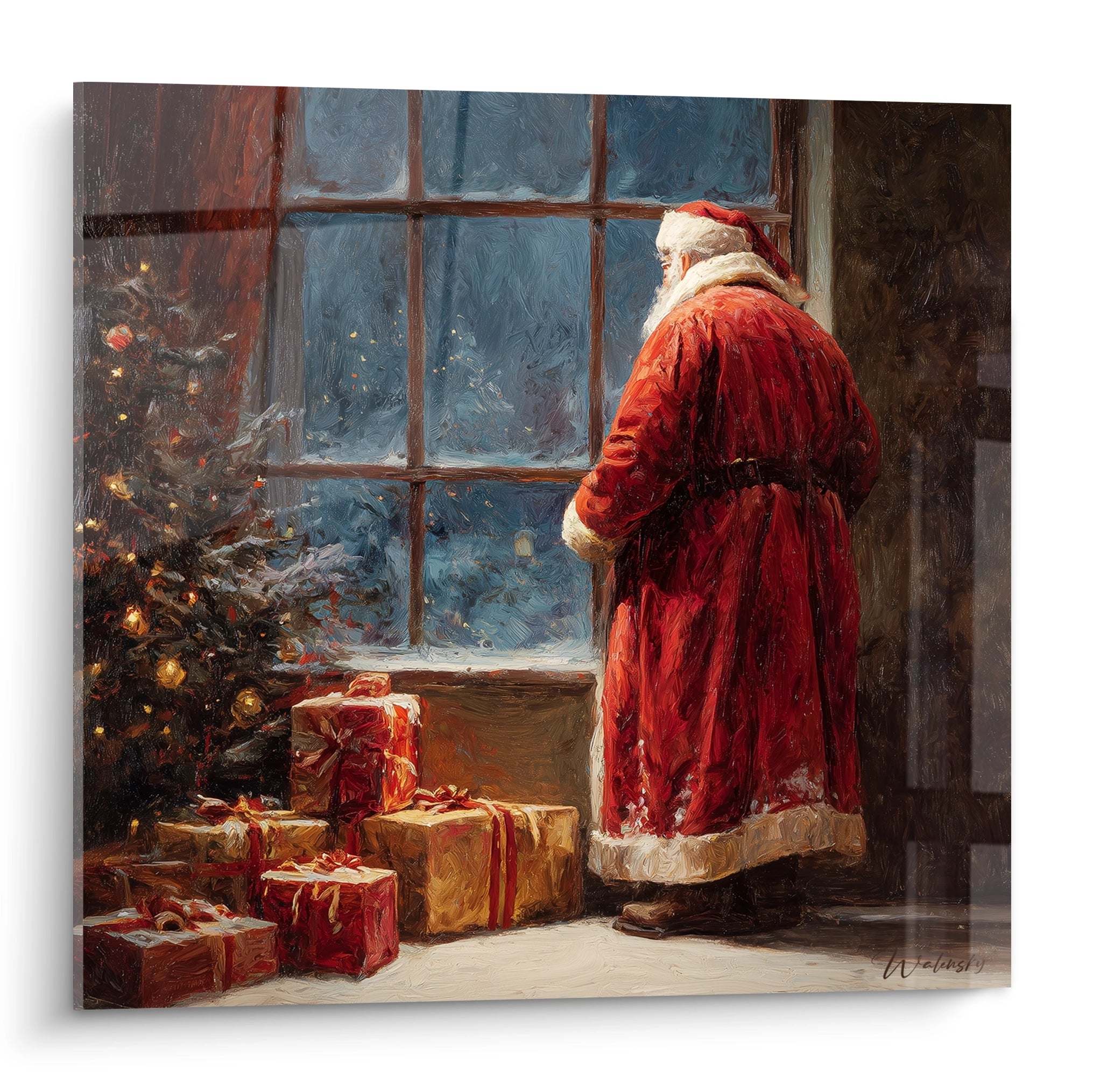 Tableau Père Noël décoration Noël montrant le Père Noël regardant par la fenêtre avec des cadeaux autour.