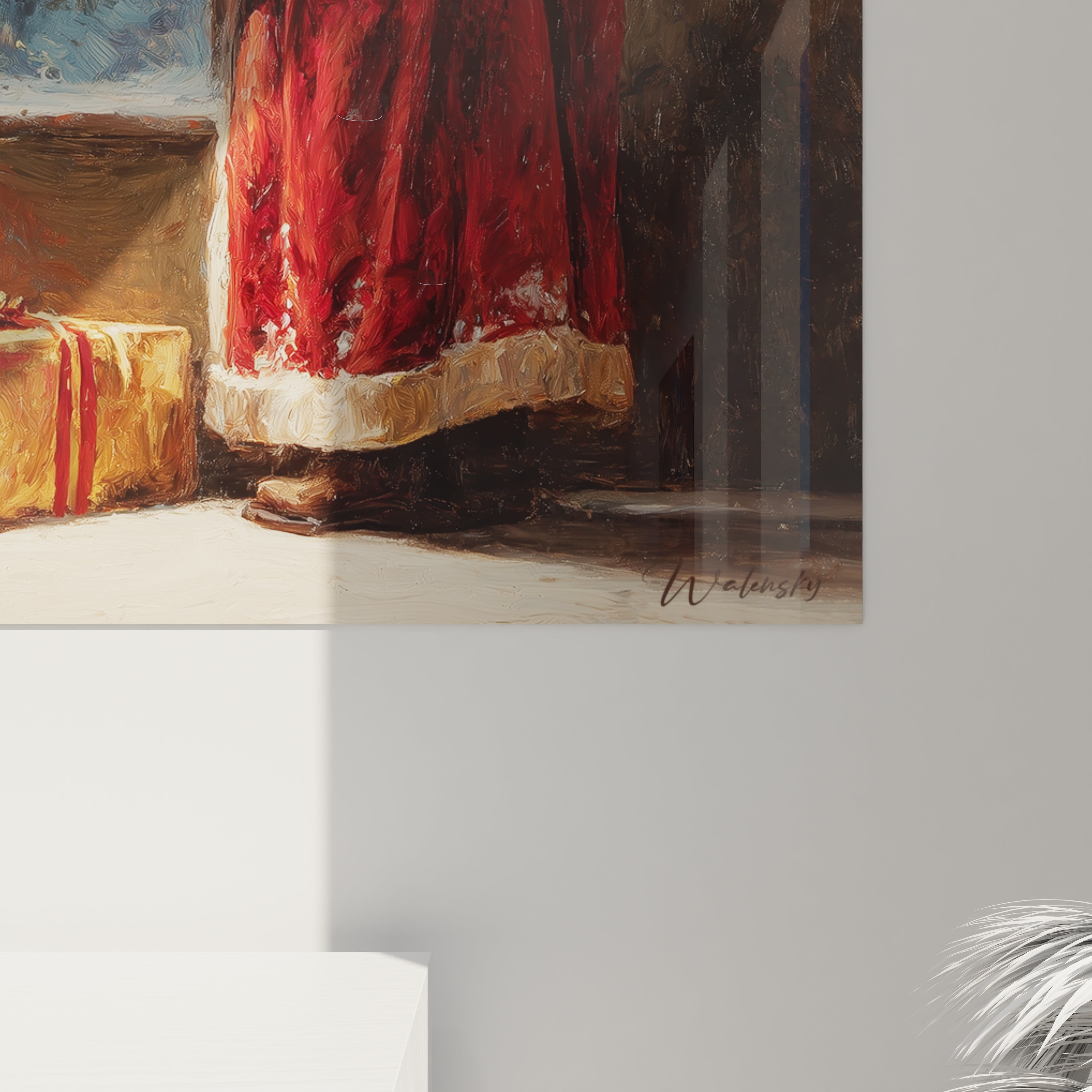 Tableau Père Noël décoration Noël avec un Père Noël en habit traditionnel et des cadeaux ornant le décor.