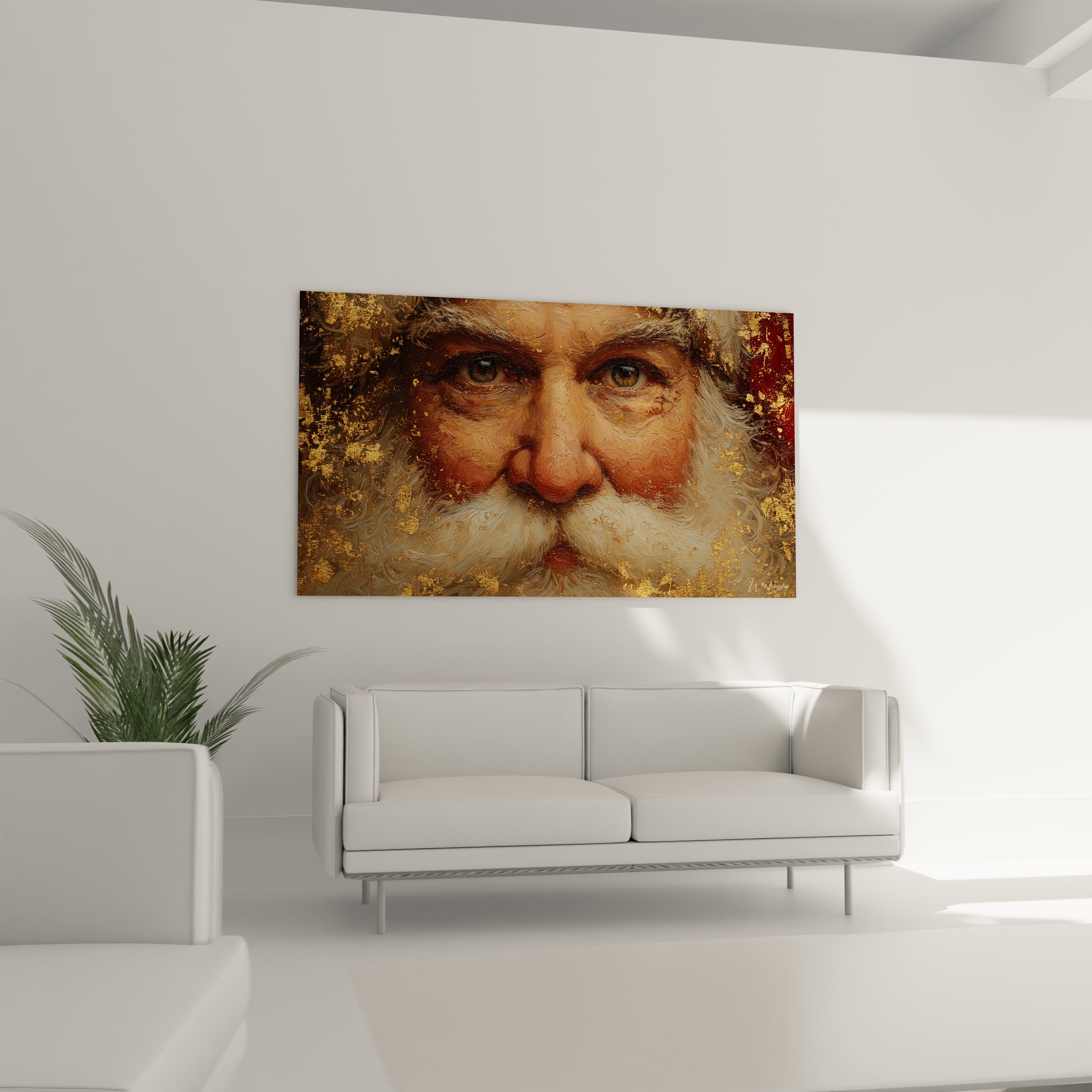 Tableau père Noël design avec un portrait détaillé du père Noël sur un mur moderne