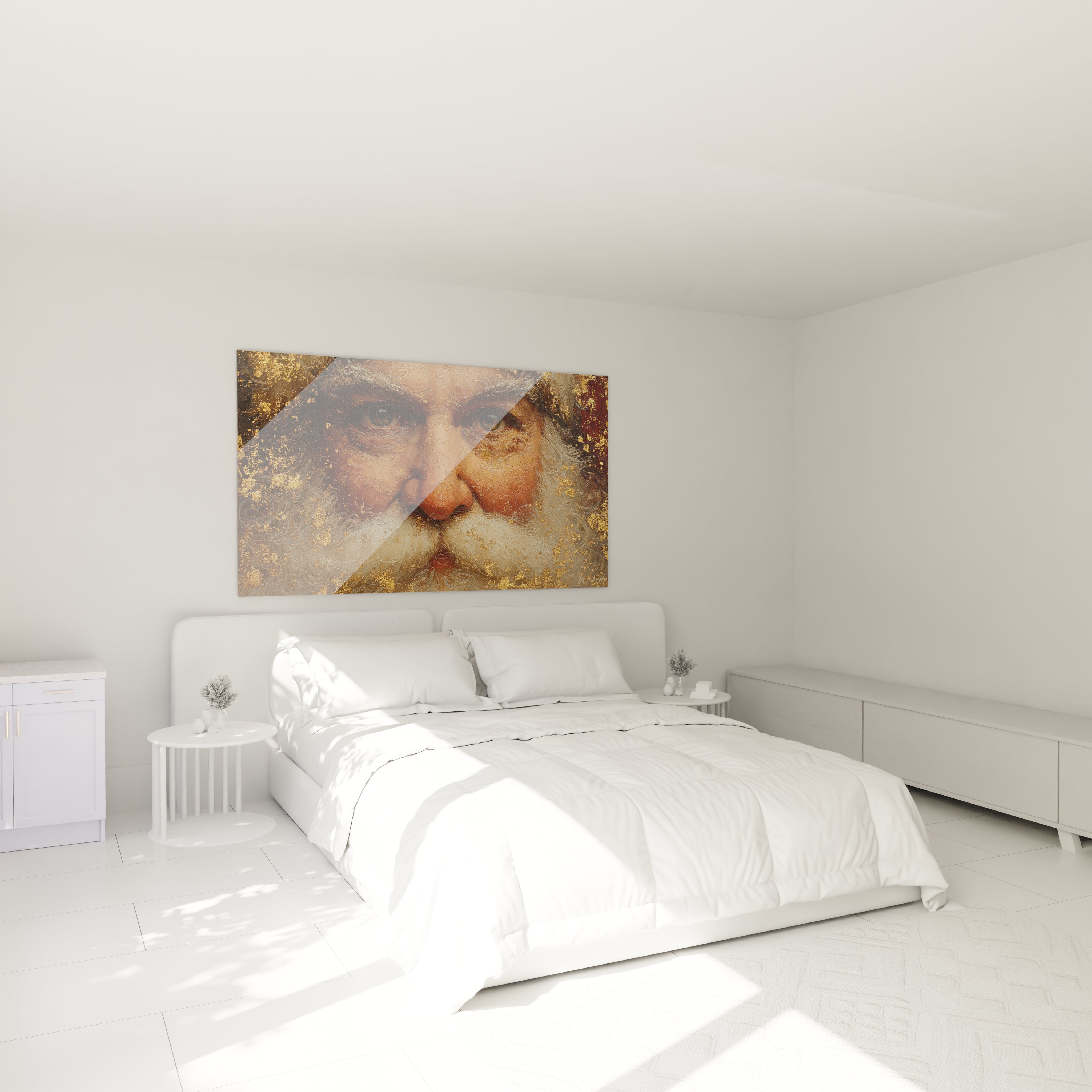 Tableau mural père Noël design, décor élégant pour une chambre moderne avec lit blanc