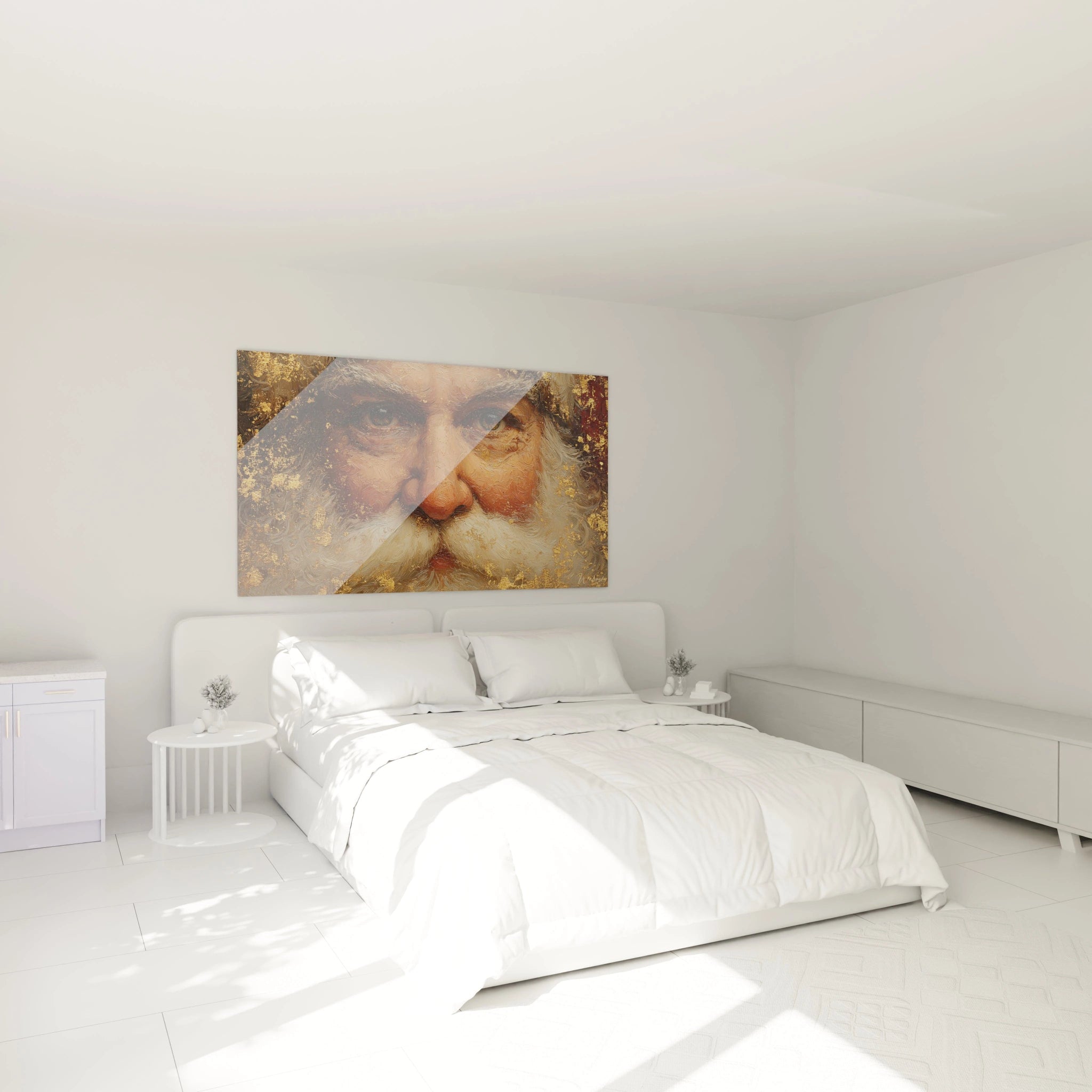 Tableau mural père Noël design, décor élégant pour une chambre moderne avec lit blanc